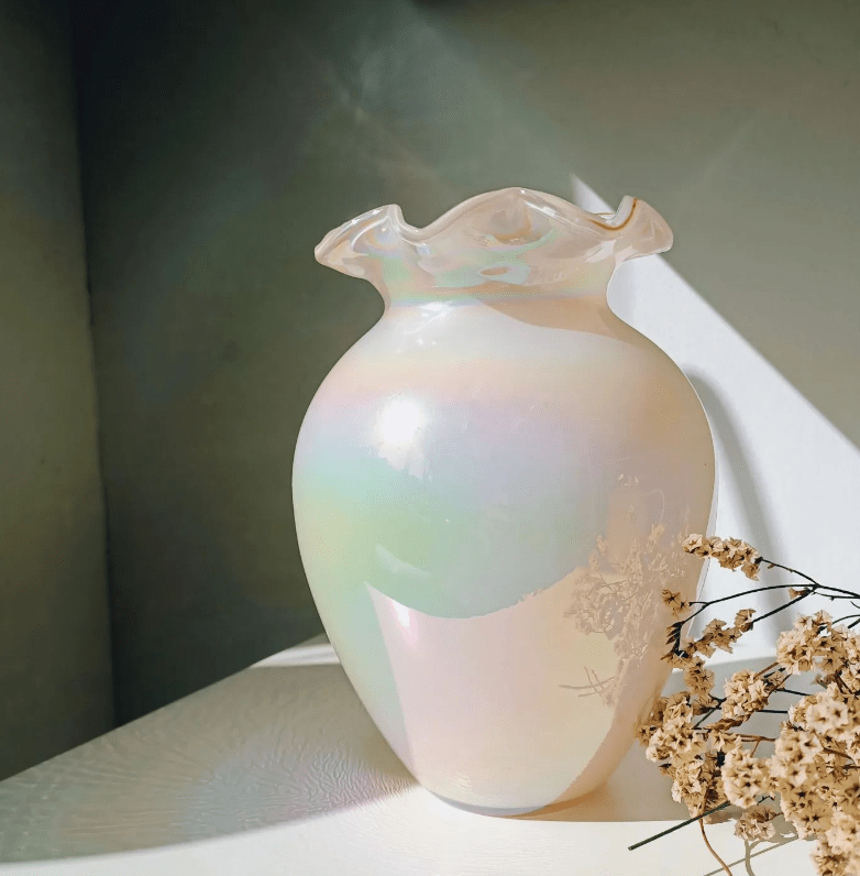 Curved Rim Pearlescent Glass Vase