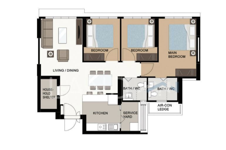 Floor plan of the 4-room BTO flat renovated in a modern boho style