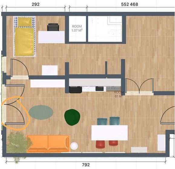 Self-designed furniture layout for the 732 sq ft condo