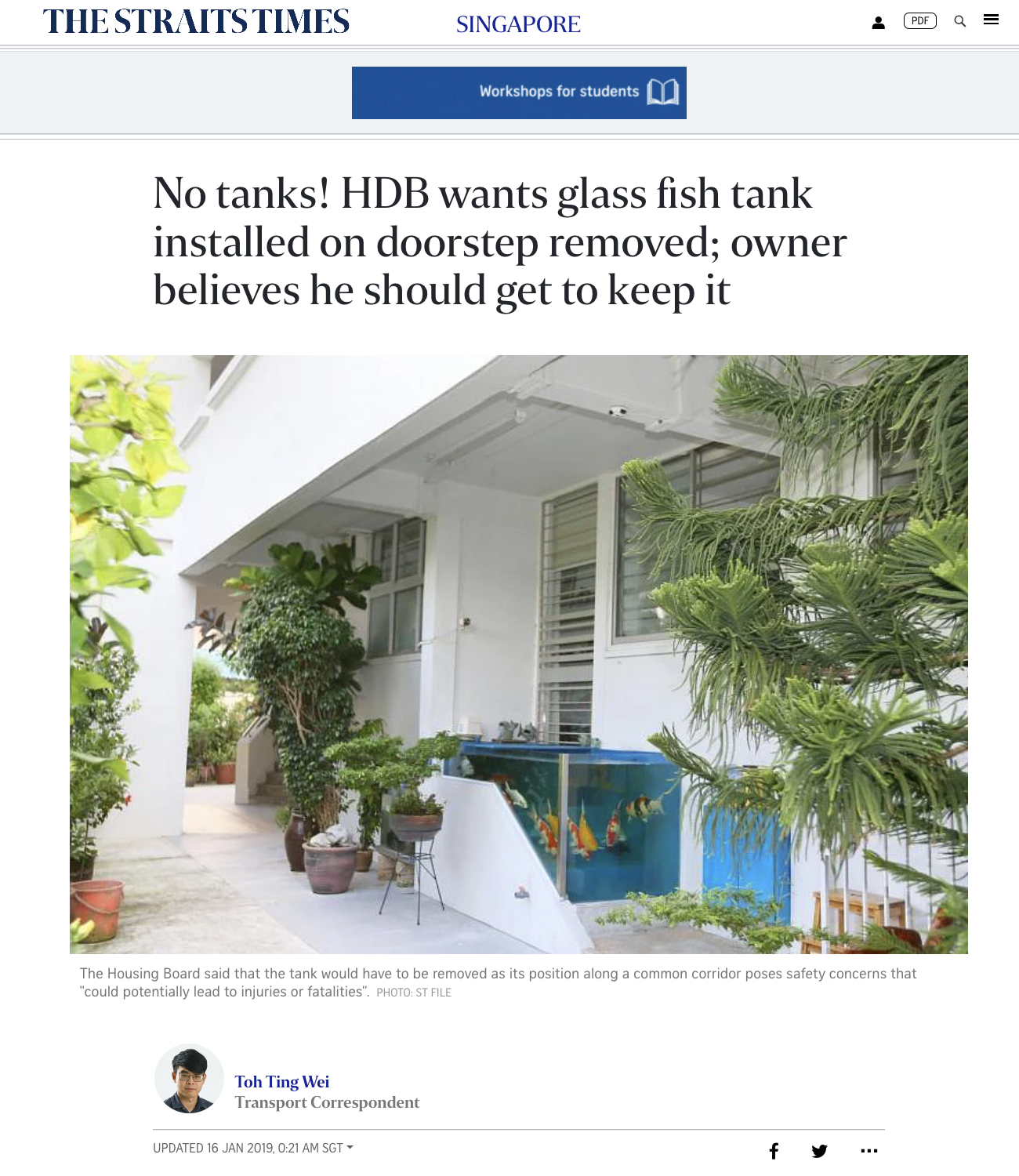 Straits Times report on HDB asking a flat owner to remove a glass fish tank from the common corridor
