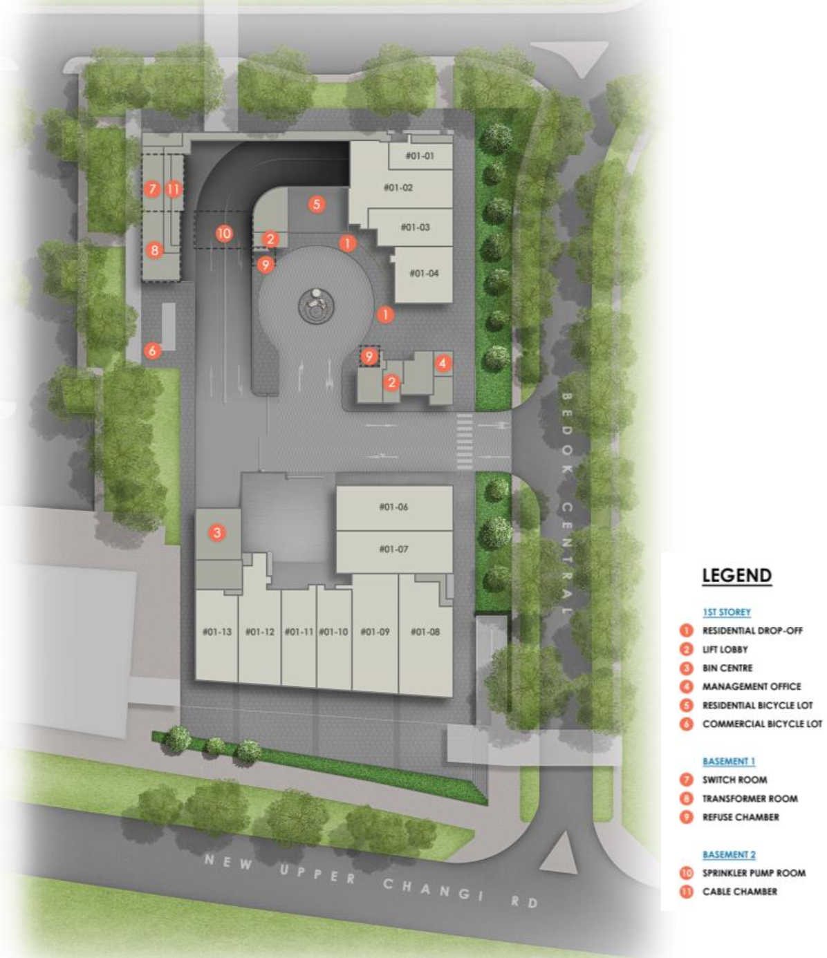 Sky Eden@Bedok 1st storey site plan with drop-off, commercial units and management office