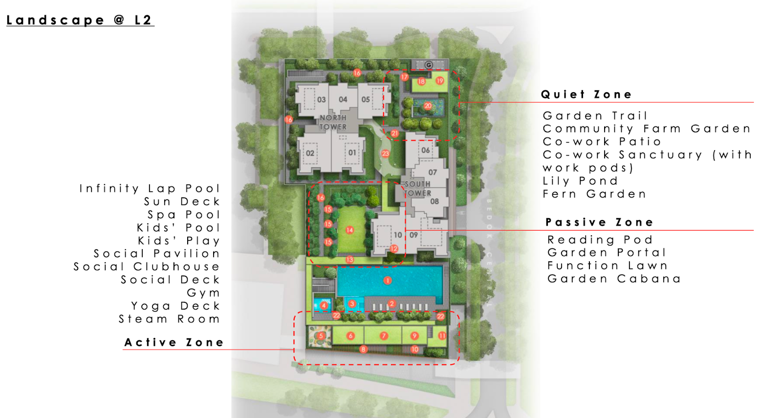 Sky Eden@Bedok level 2 landscape plan with quiet, passive and active zones and an infinity lap pool