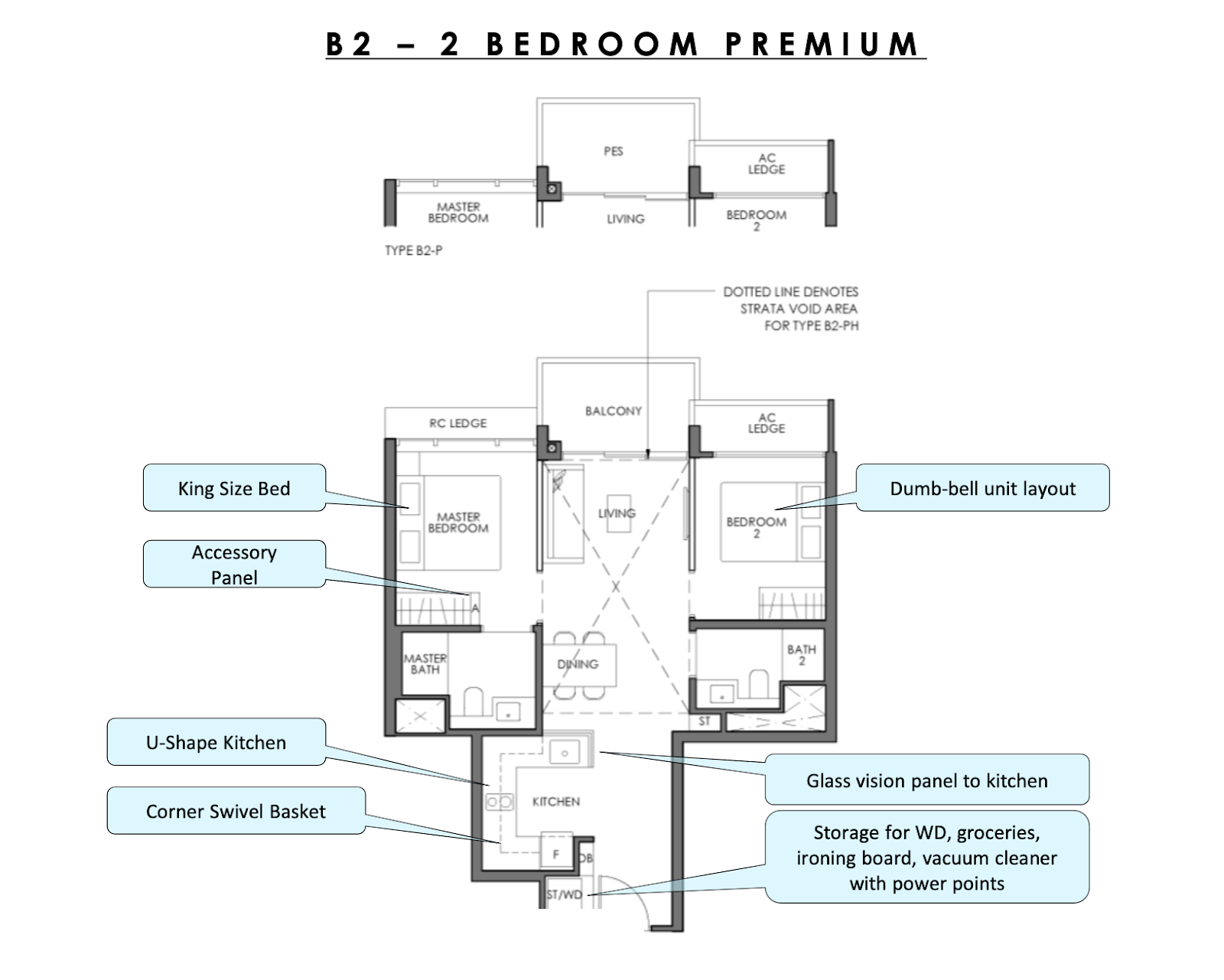 Sky Eden@Bedok Type B2 2-bedroom premium floor plan with a dumbbell layout