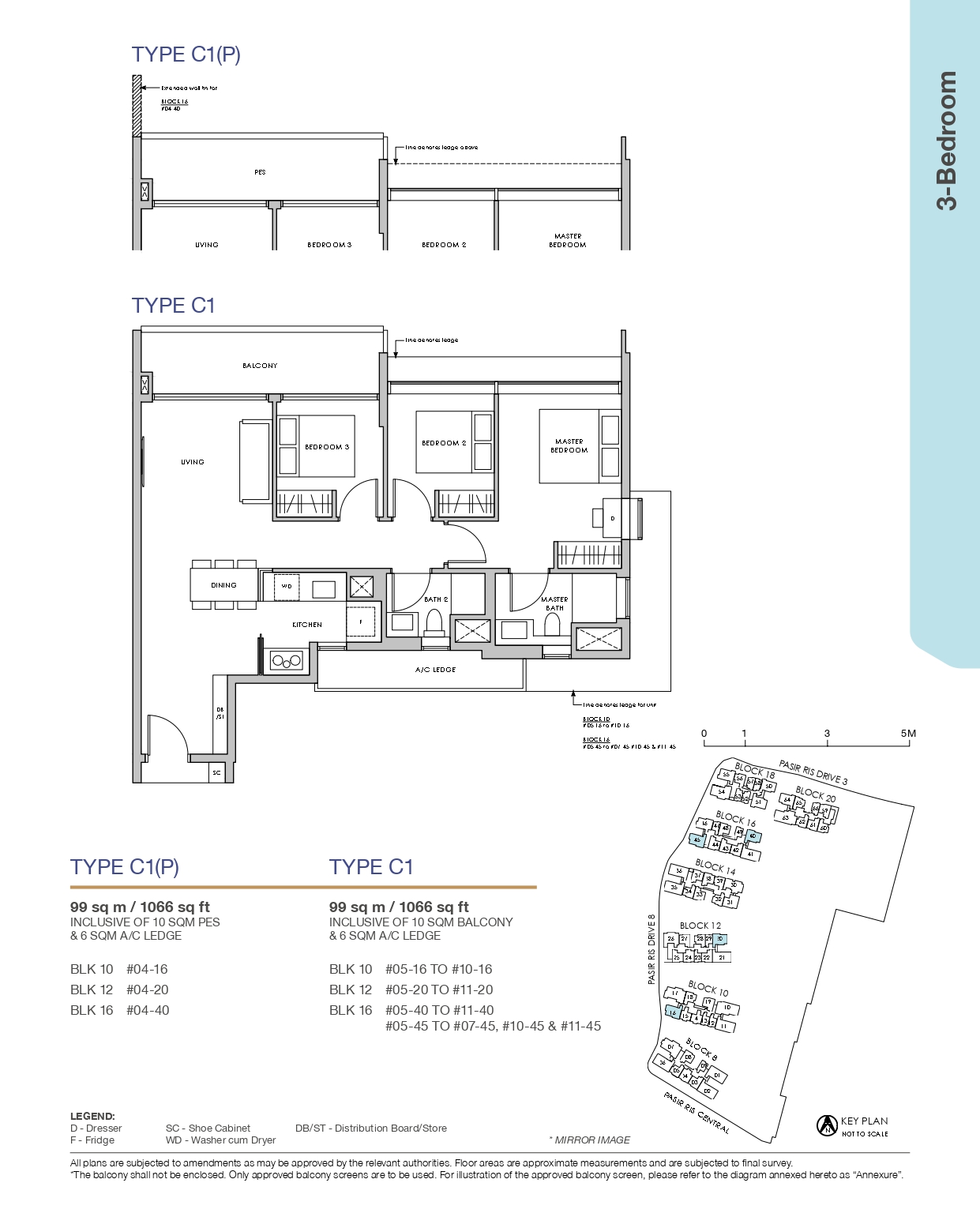 Pasir Ris 8 Type C1 3-bedroom floor plan, 1,066 sq ft