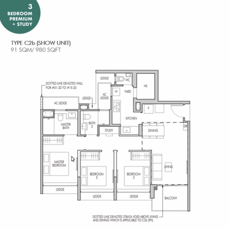 Tenet EC Type C2b 3-bedroom premium plus study floor plan, 980 sq ft
