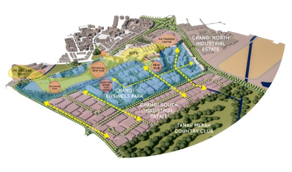 URA plan for the Changi region, with Changi Business Park and new hubs linked by green corridors