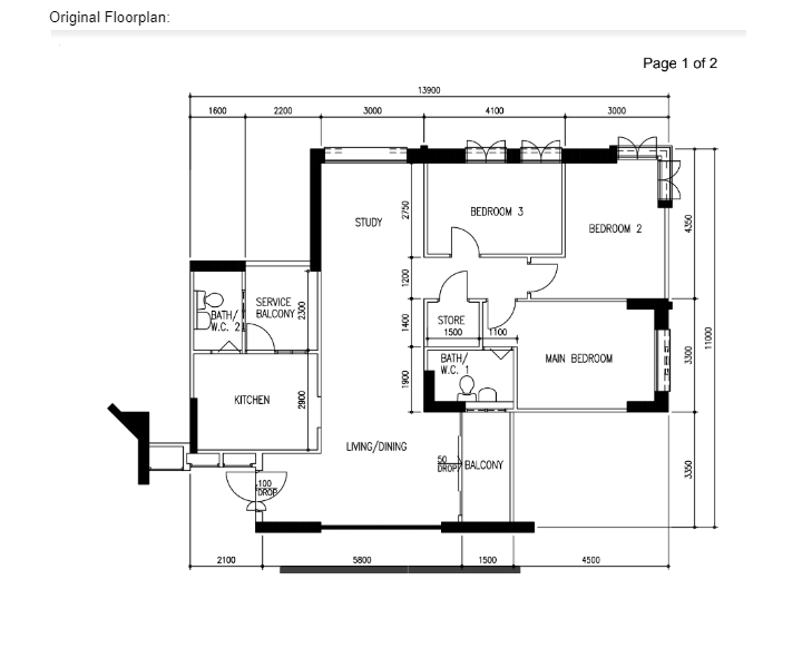 Original floor plan of the 24-year-old resale HDB flat before renovation