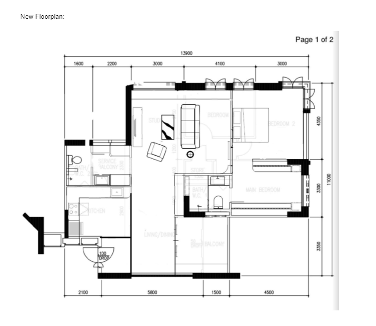 New floor plan of the resale HDB flat after renovation, with the study opened into the living room