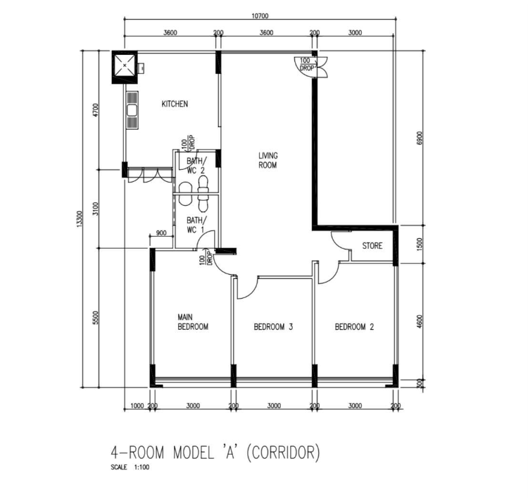 Original floor plan of the 35-year-old 4-room Model A HDB flat