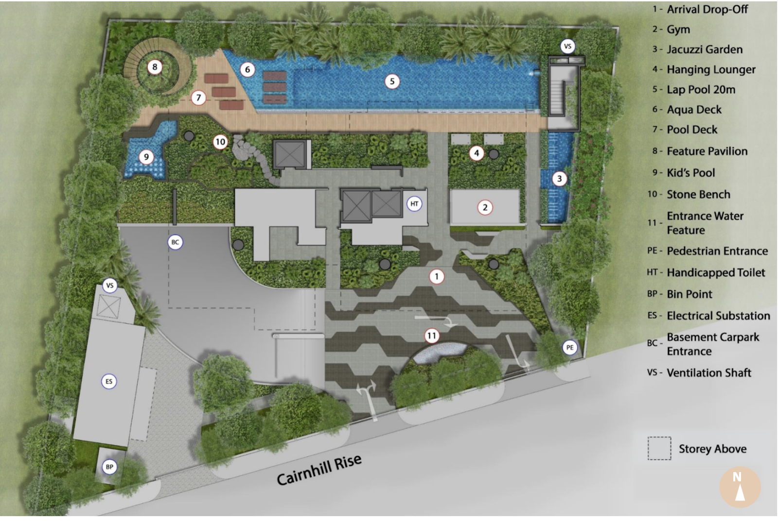 Cairnhill 16 first storey site plan with 20m lap pool, jacuzzi garden and gym along Cairnhill Rise