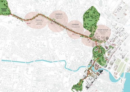 URA map of the green corridor linking the Botanic Gardens, Orchard, Istana and Fort Canning Park