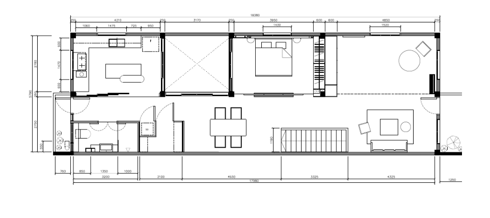 Floor plan of the 1960s walk-up apartment after renovation, with an opened-up layout
