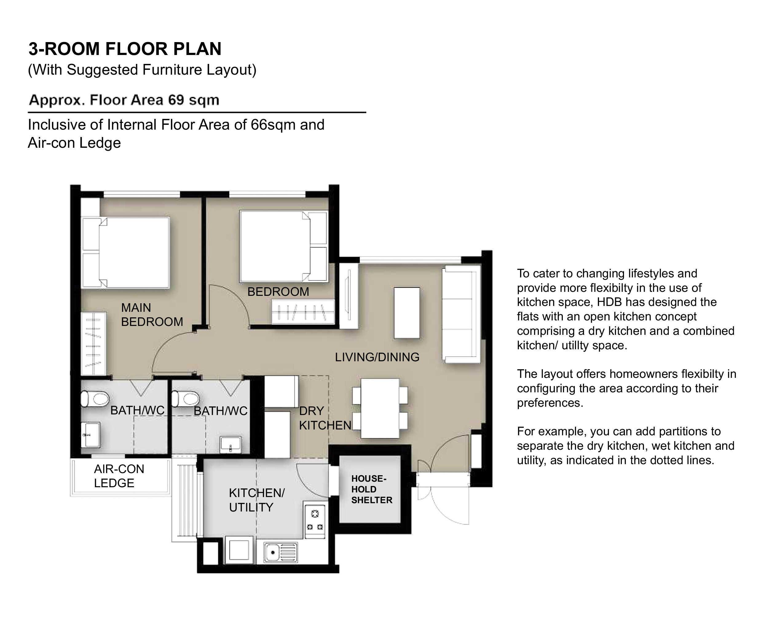 Jurong West Crystal 3 Room Floor Plan 1