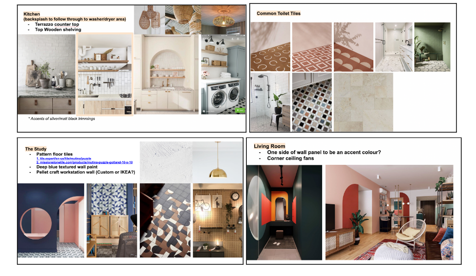 The couple's renovation mood boards for the kitchen, toilet tiles, study and living room