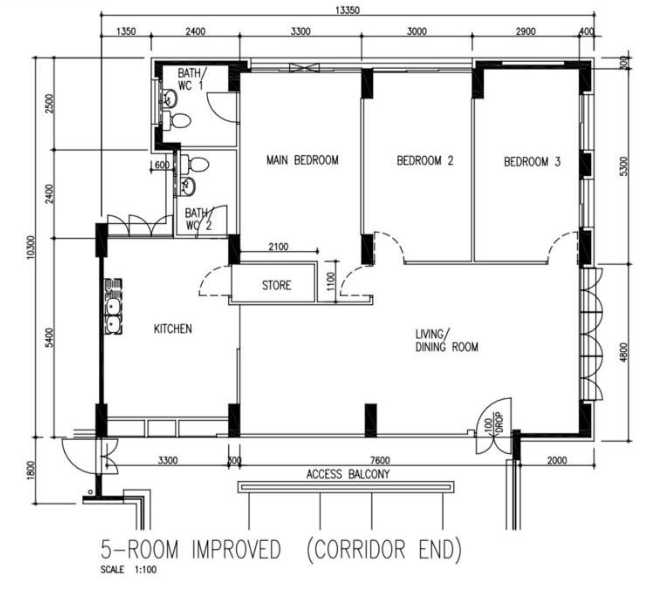 Original HDB floor plan of the 1,345 sq ft 5-room improved flat