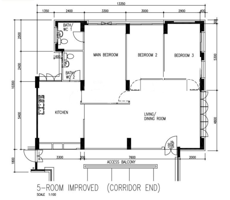 Floor plan of the 5-room flat as the couple bought it, with the storeroom already removed