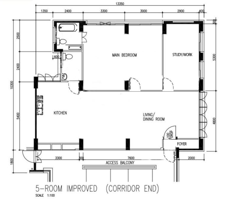 Revised floor plan of the 5-room flat with a larger master bedroom and a study