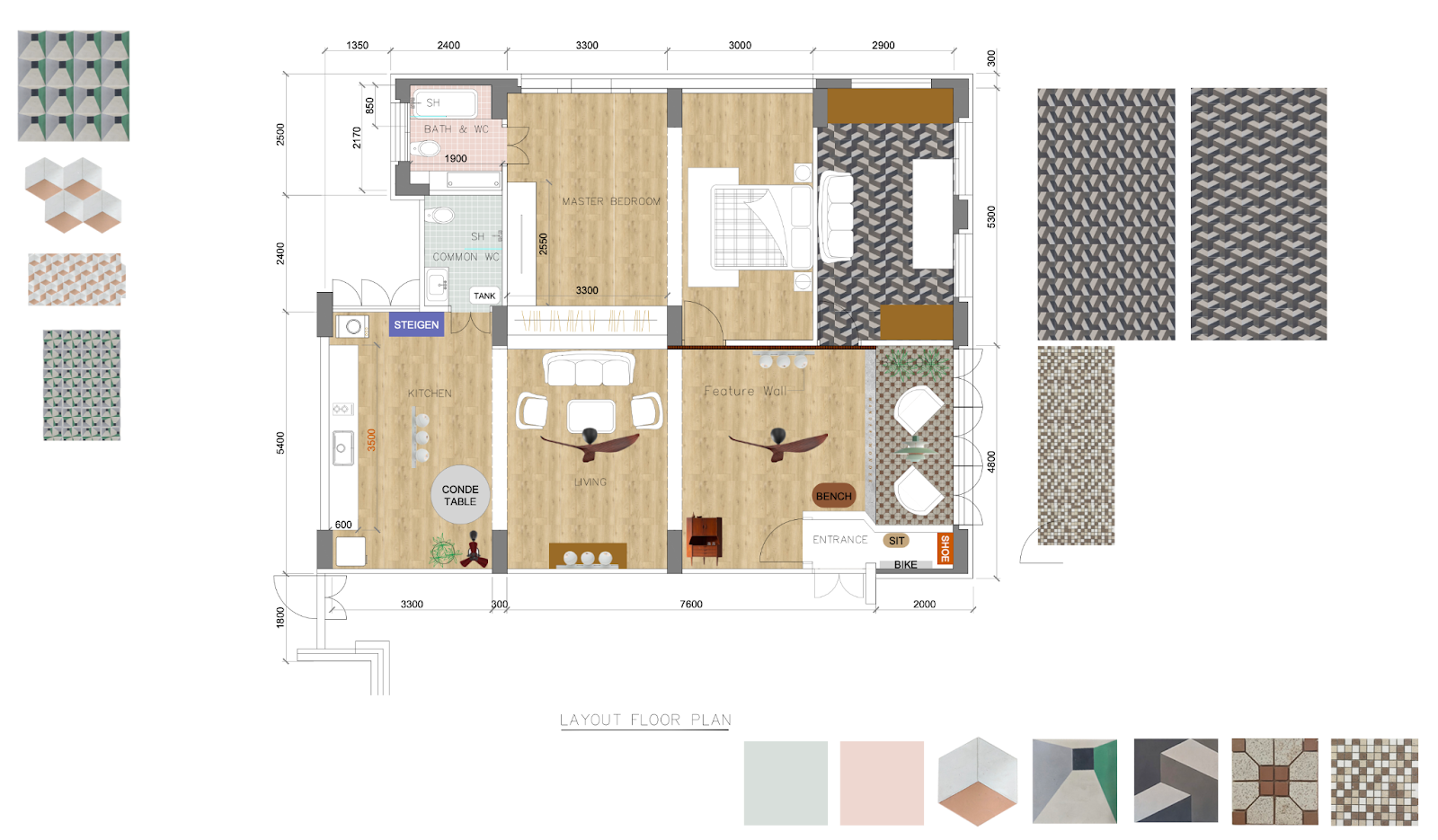 Layout floor plan of the eclectic 5-room flat with the chosen floor tiles and finishes