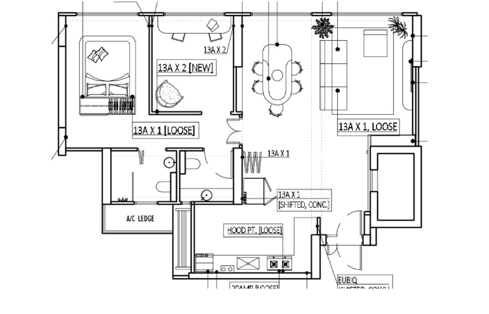 Floor plan of the Tampines BTO flat after renovation, with a bigger living room and a workshop space