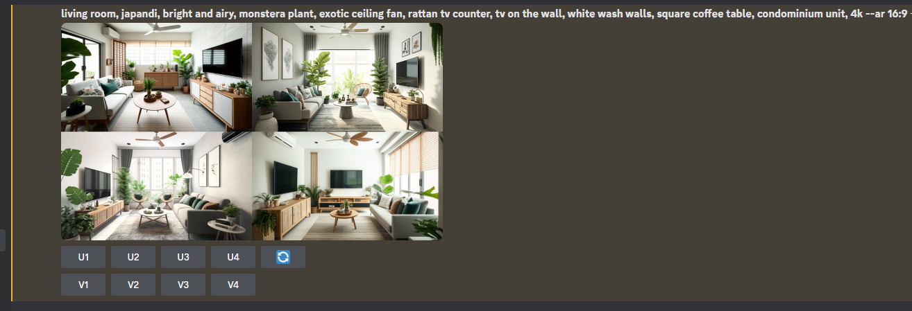 Midjourney results for a Japandi living room prompt, with four generated images
