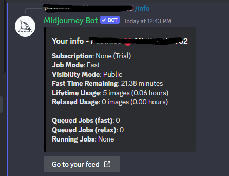 Midjourney bot info screen showing a free trial account's usage
