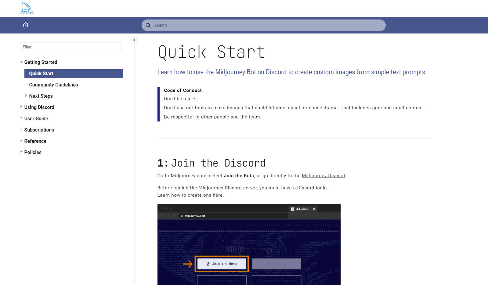 Midjourney quick start guide showing how to join the beta on Discord