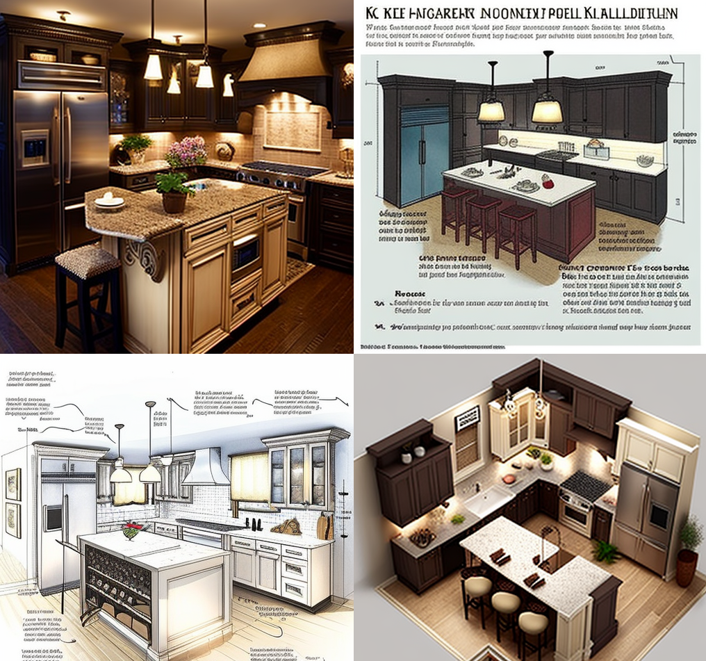 Midjourney output for a generic kitchen layout prompt: four muddled, blurry kitchen images