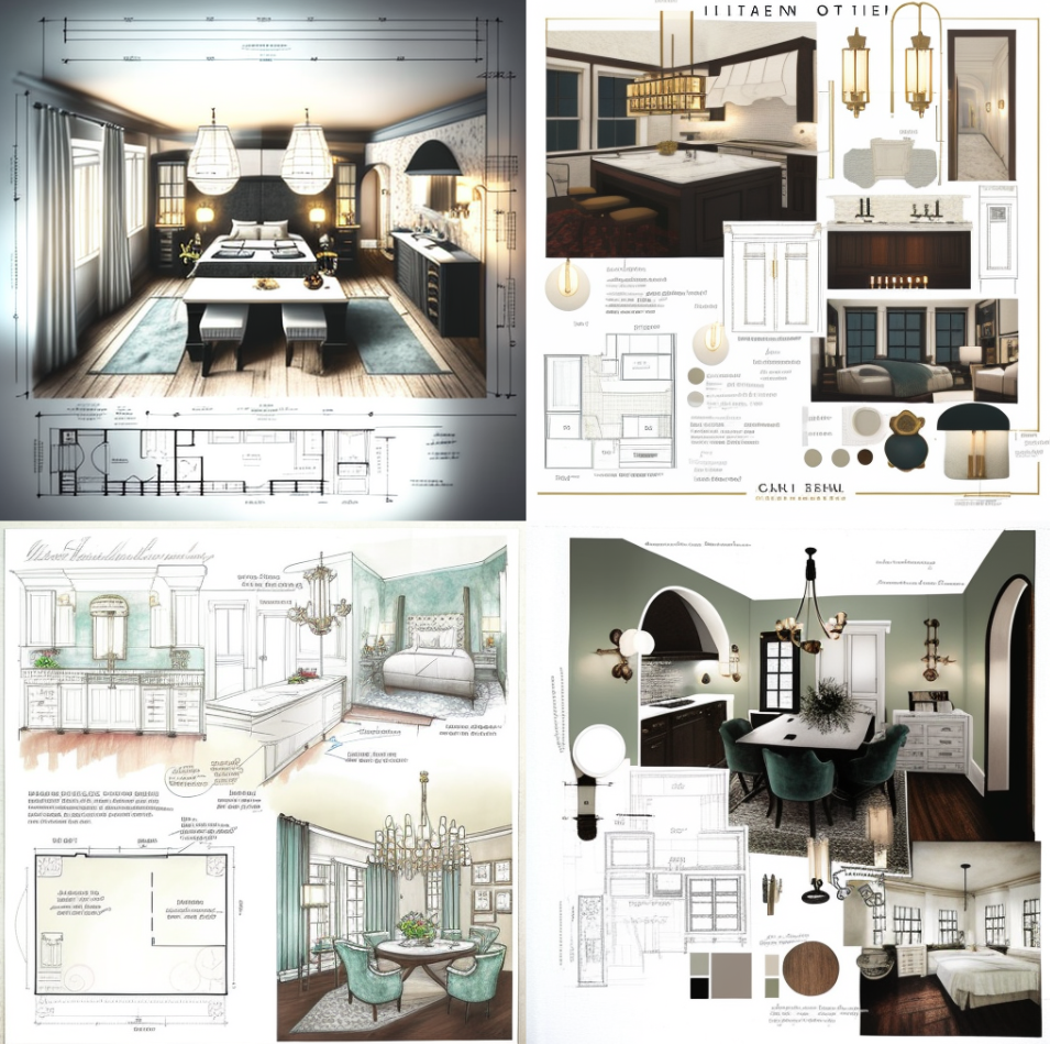 Midjourney output for an overloaded prompt mixing kitchen, bedroom and dining ideas