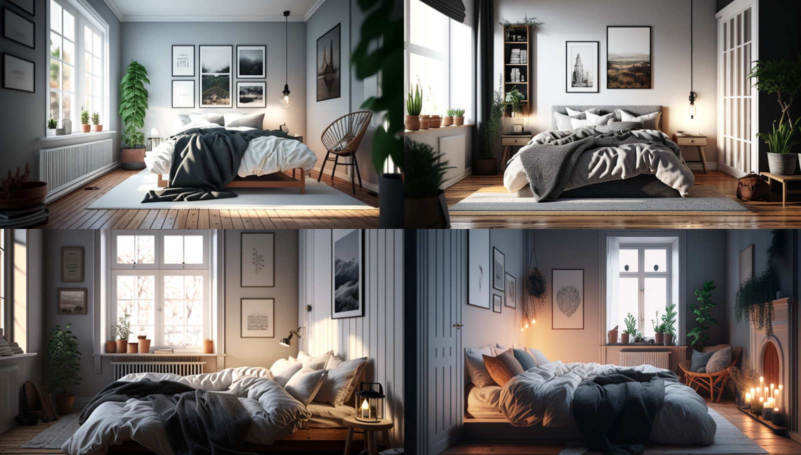Midjourney renders of a cosy Scandinavian bedroom with a king-size bed and wooden floor