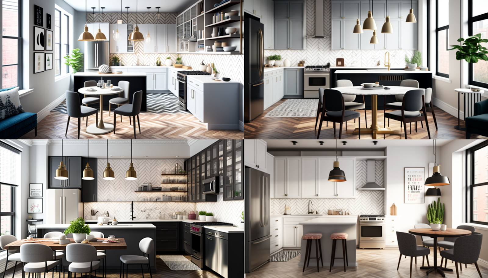 Midjourney renders of a mid-century modern kitchen with pendant lights and herringbone tiles