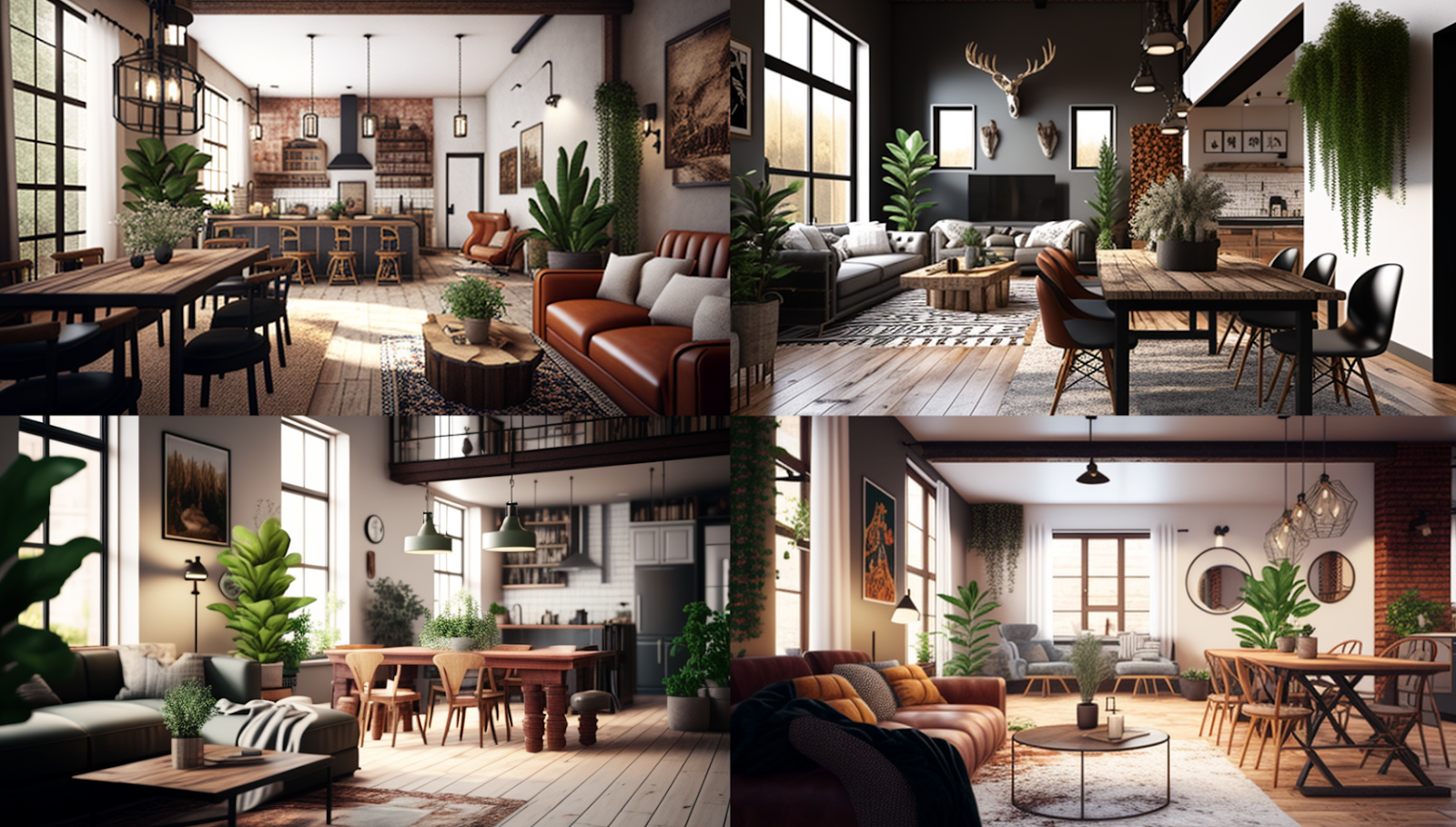 Midjourney renders of an industrial-style open-concept living and dining room