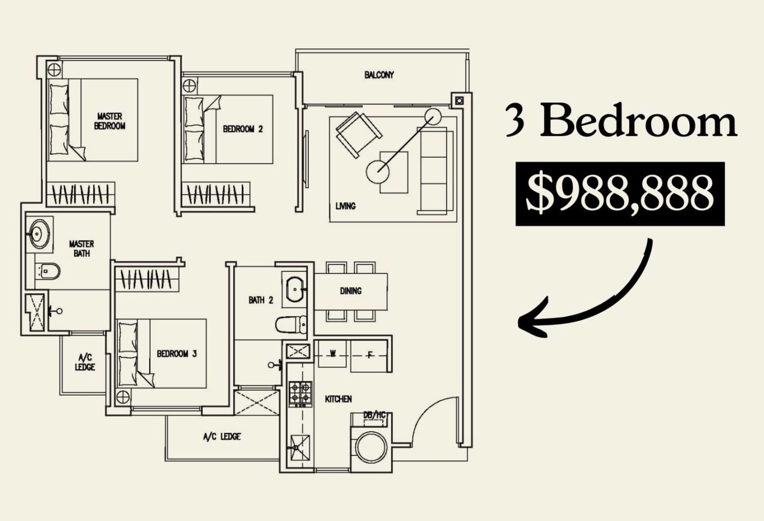 3 bedroom cheapest under 1 million
