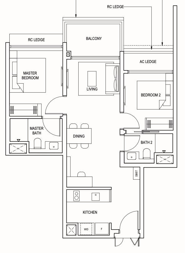 Pinetree Hill 2-bedroom floor plan with a dumbbell layout