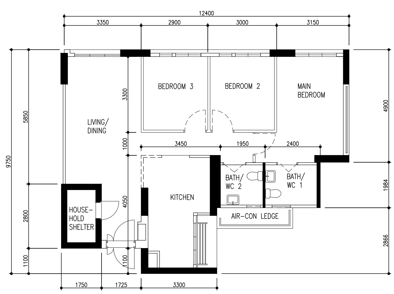 Original floor plan of the 4-room Bidadari BTO flat