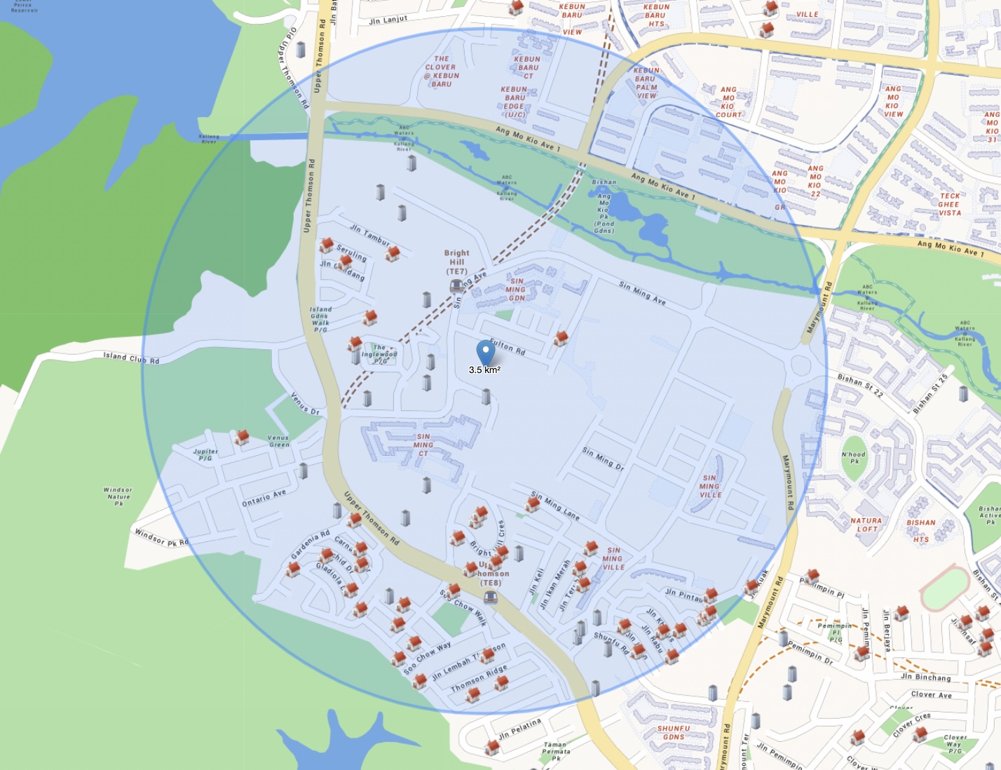 Map of the 1km radius around a primary school in the Bishan and Sin Ming area, mostly landed homes