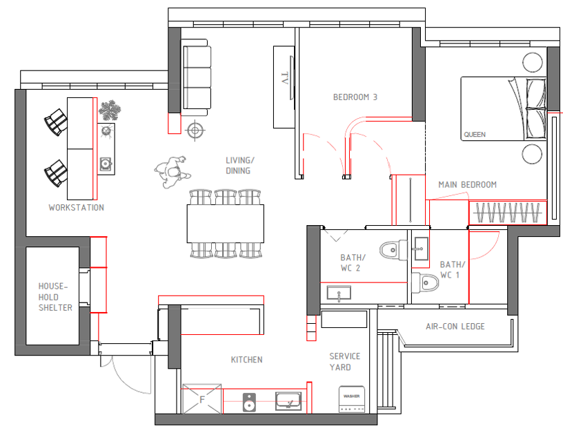 Renovated floor plan of the Ubi BTO flat, with an open living and dining area and a workstation