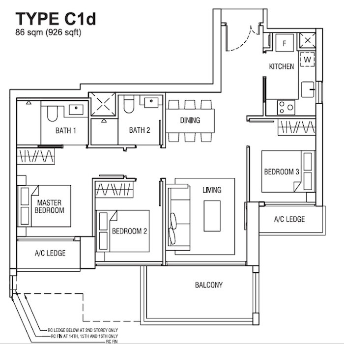 Alex Residences Type C1d 3-bedroom floor plan, 926 sq ft