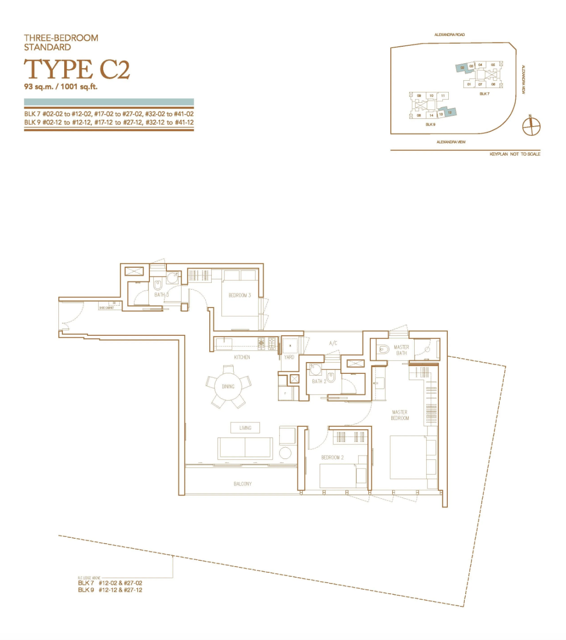 Echelon Type C2 3-bedroom floor plan, 1,001 sq ft