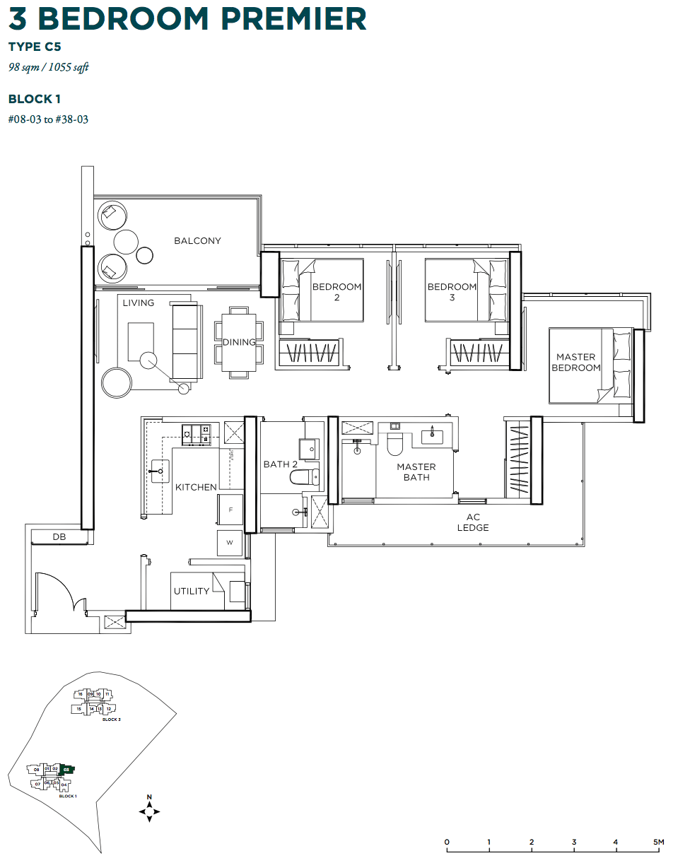 Gem Residences Type C5 3-bedroom premier floor plan, 1,055 sq ft
