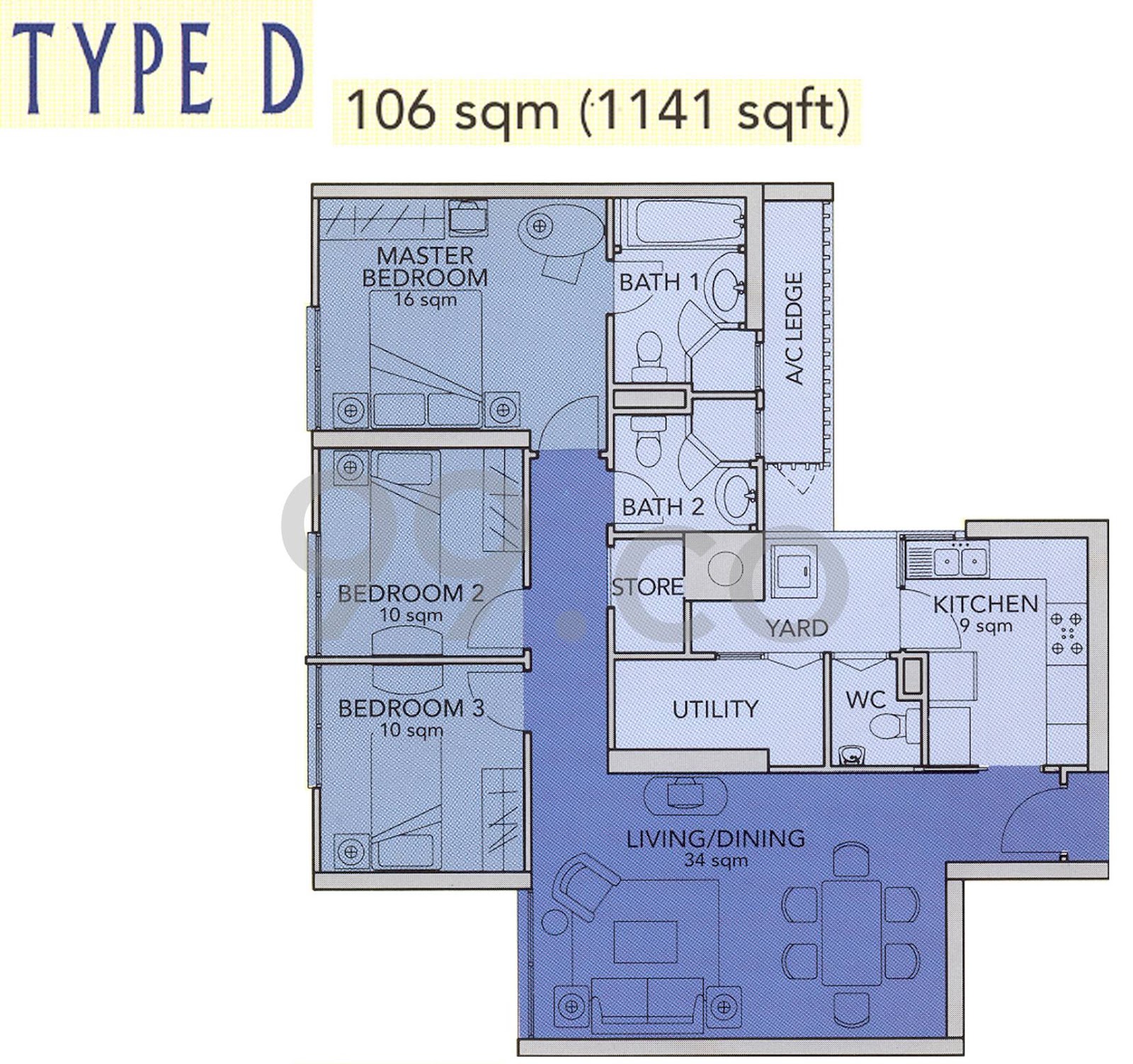 Trellis Towers Type D 3-bedroom floor plan, 1,141 sq ft