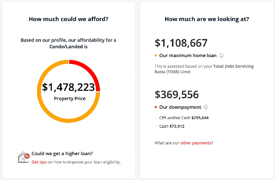 Affordability calculator result: a ,478,223 property price with a ,108,667 maximum loan