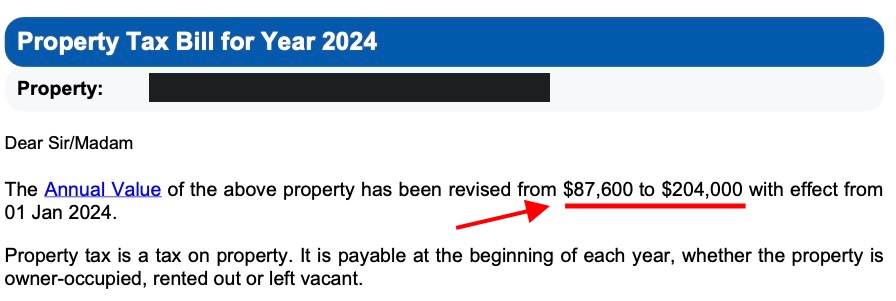 2024 property tax bill showing the annual value revised from ,600 to 4,000