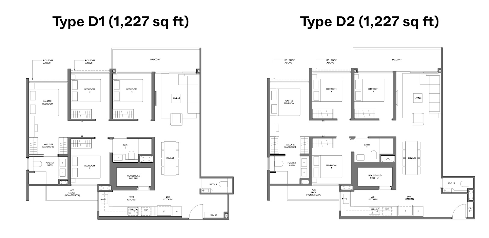 Lentor Mansion Type D1 and Type D2 4-bedroom floor plans, both 1,227 sq ft