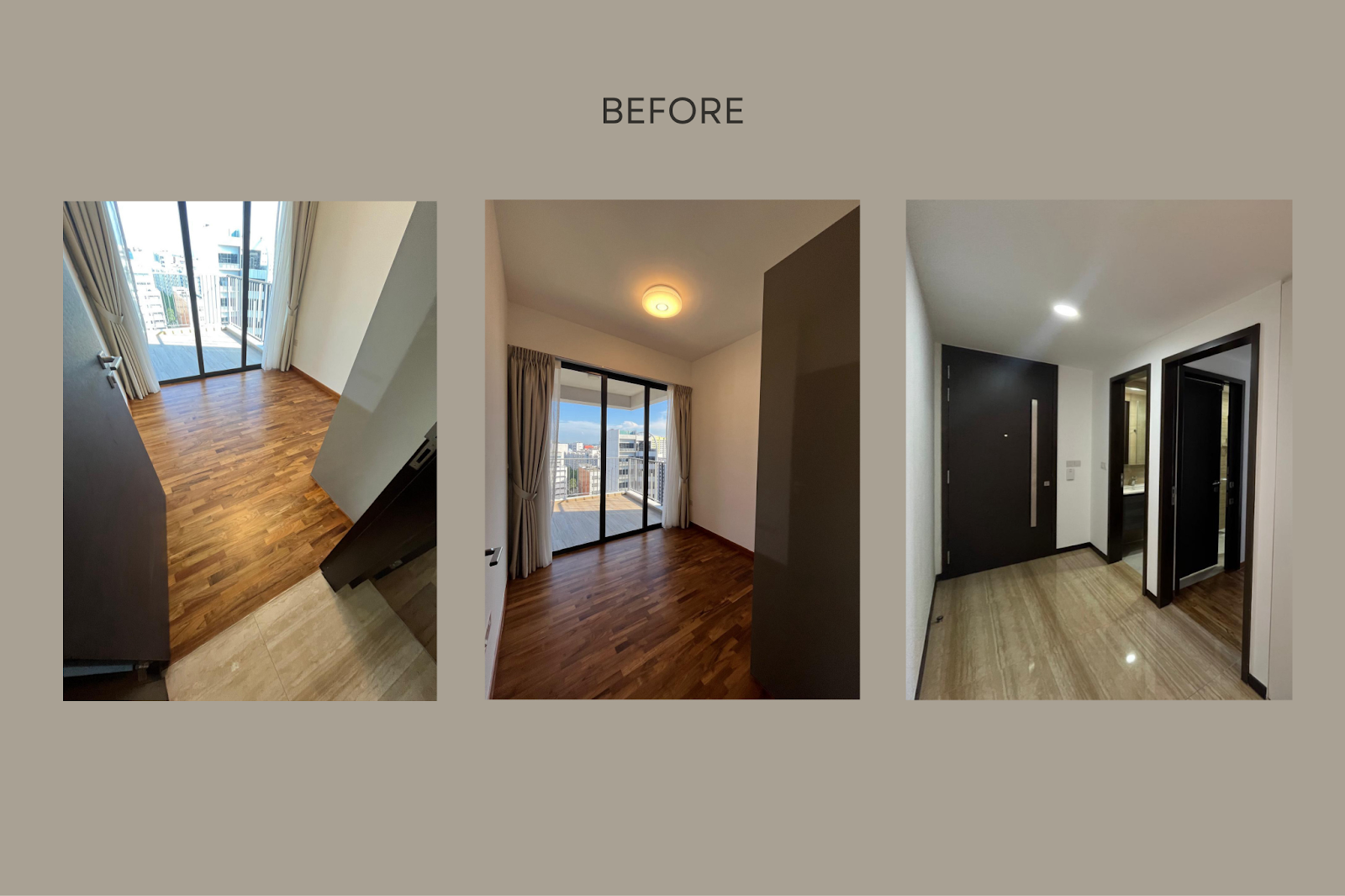 The 3-bedroom condo before renovation, with dark doors and mismatched vinyl flooring
