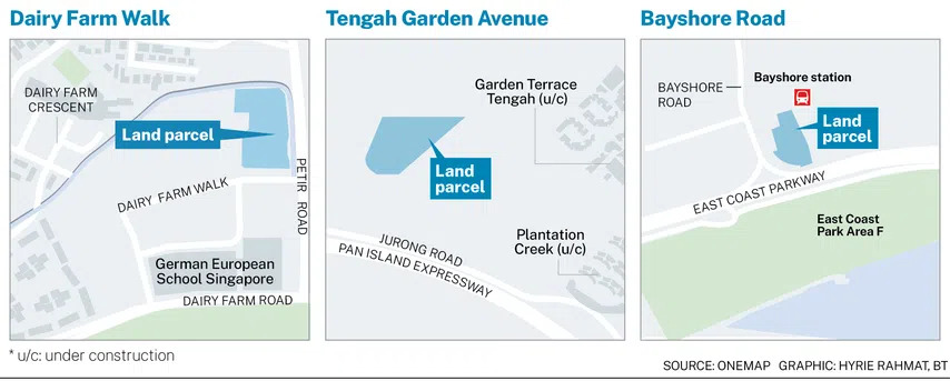 Maps of the Dairy Farm Walk, Tengah Garden Avenue and Bayshore Road land parcels