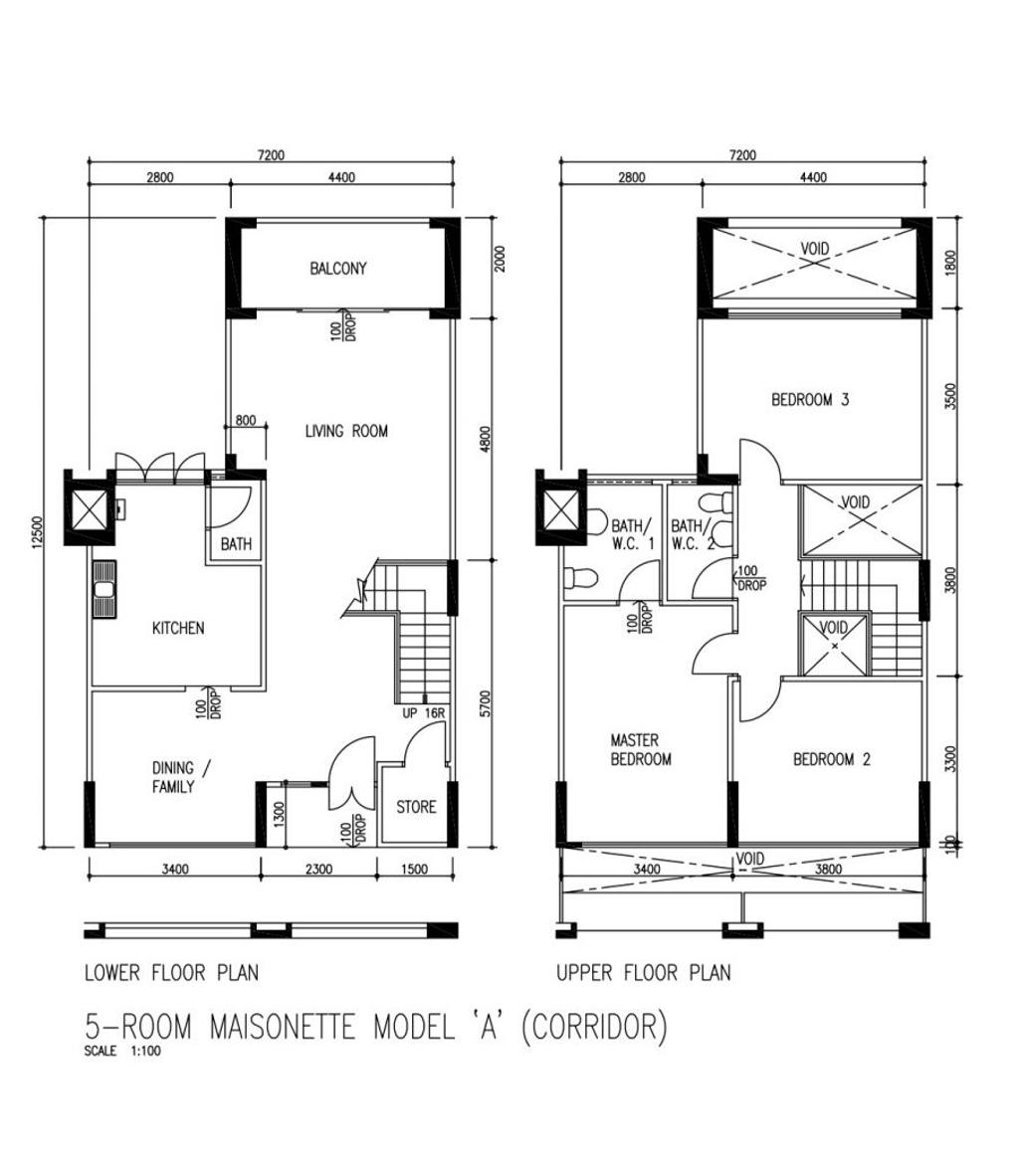 HDB 5-room maisonette Model A floor plan, lower and upper floors