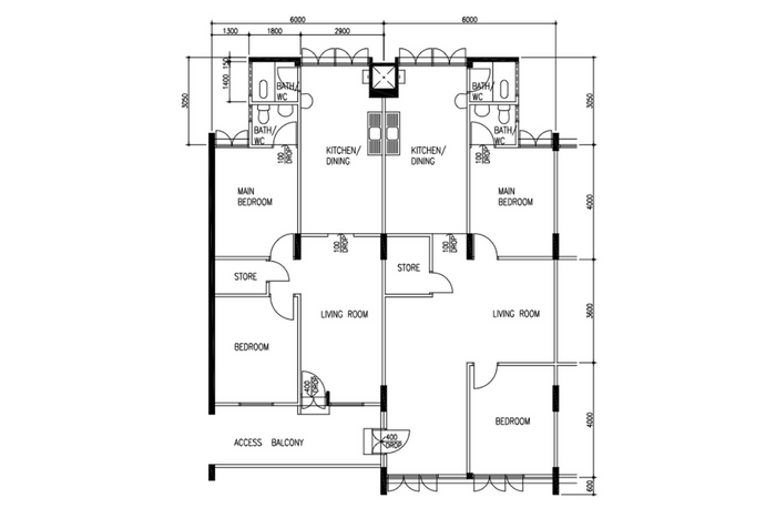 Floor plan of a jumbo HDB flat made up of two adjoining 3-room flats