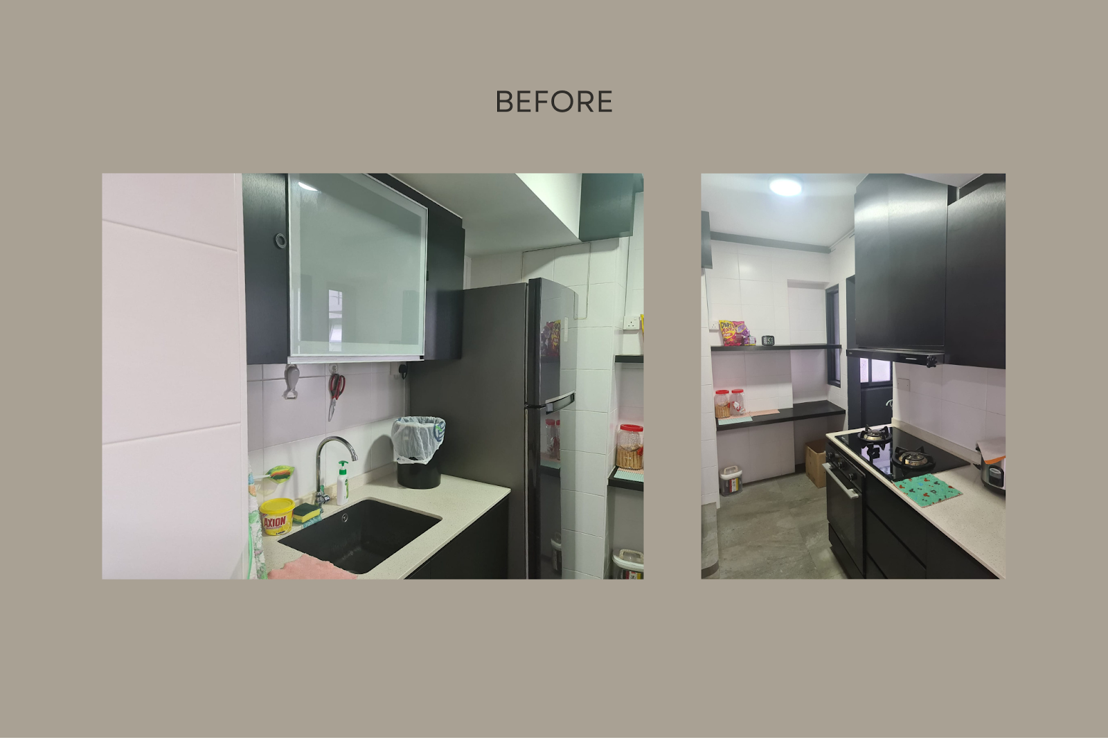 The HDB loft's kitchen before renovation, with dark cabinetry