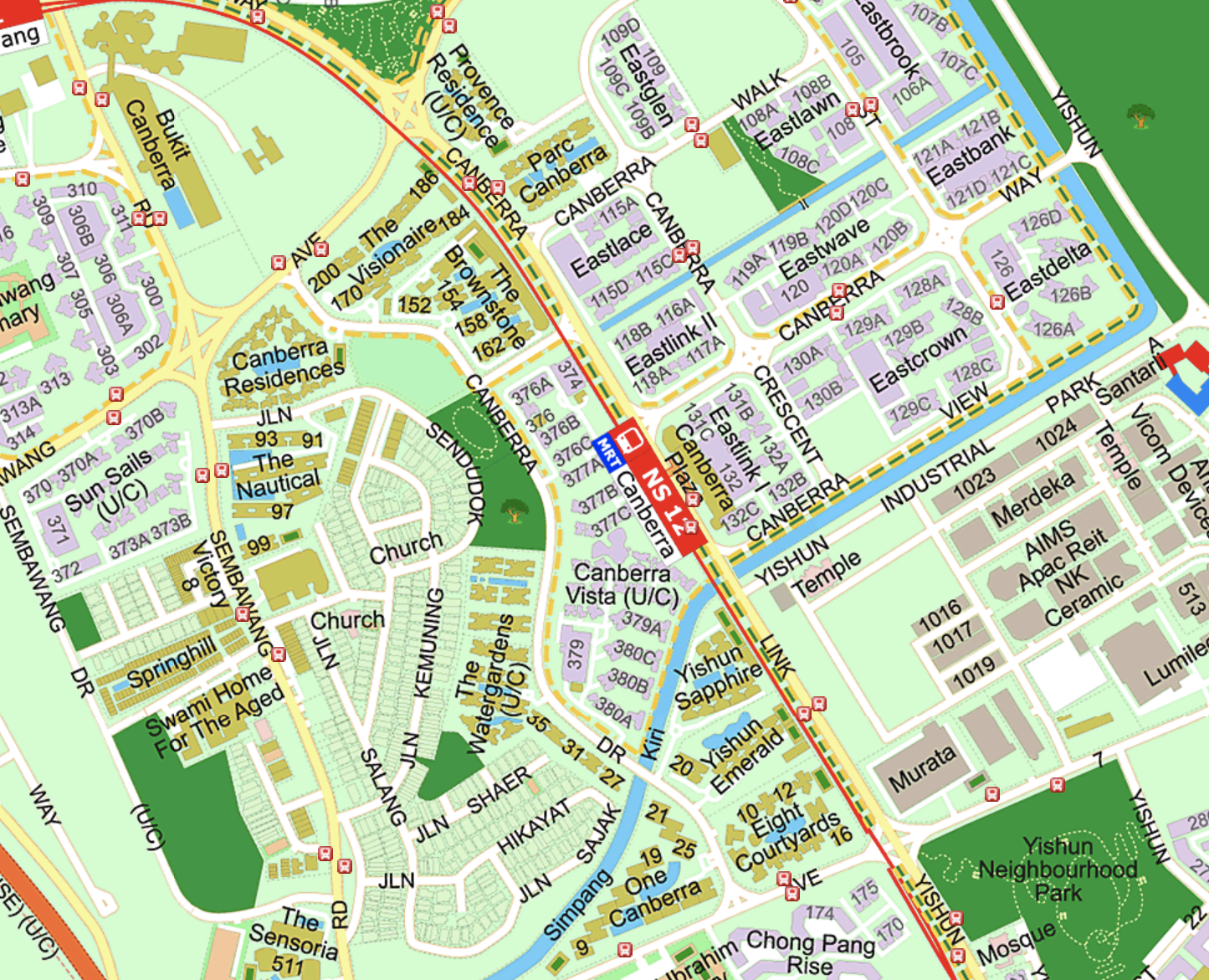 Map of Yishun near Canberra MRT, showing The Brownstone and nearby condos