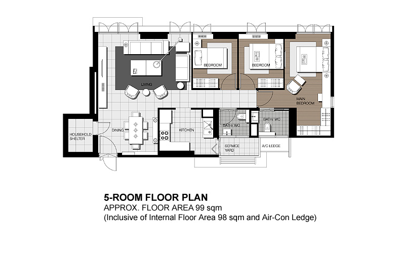 Typical 5-room HDB flat floor plan, about 99 sqm